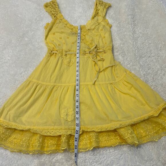 VTG Free People Womens Yellow Lace Crochet Ruffle Hem Dress Sz 8 Cottage Core - Picture 3 of 6